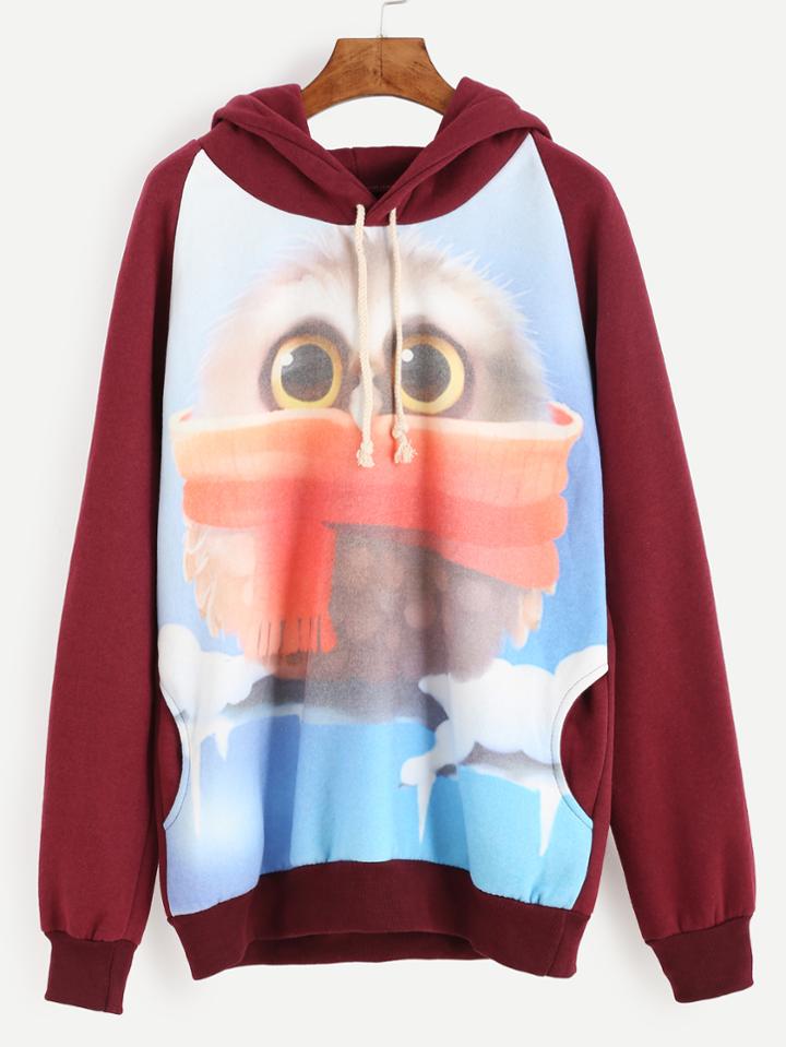 Romwe Burgundy Cartoon Owl Print Hooded Sweatshirt