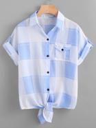 Romwe Checked Self Tie Front Cuffed Shirt With Chest Pocket