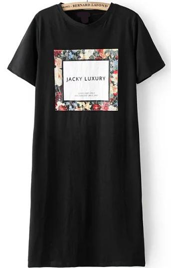 Romwe Letter Floral Print Long Black T-shirt