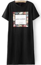 Romwe Letter Floral Print Long Black T-shirt