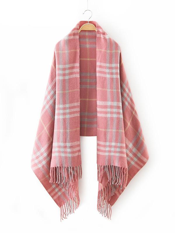 Romwe Pink Plaid Fringe Edge Scarf