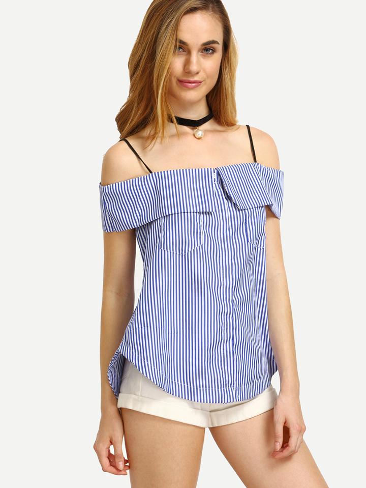 Romwe Blue Vertical Striped Fold Over Cold Shoulder Blouse