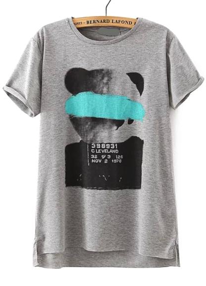 Romwe Dip Hem Panda Print Black T-shirt
