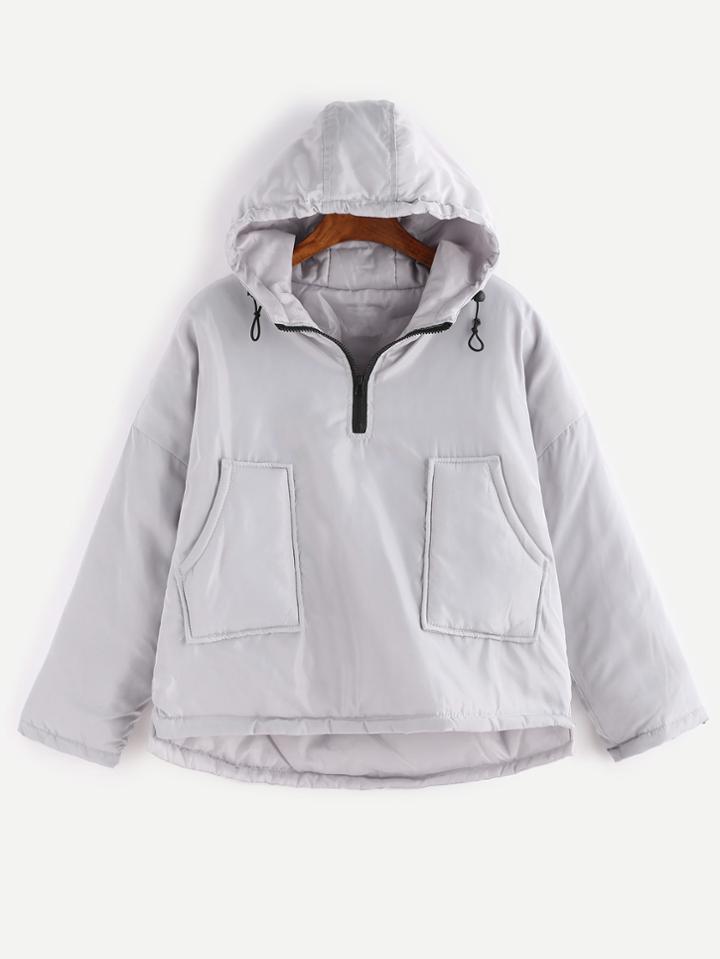 Romwe Grey High Low Zip Front Pocket Hooded Padded Sweatshirt