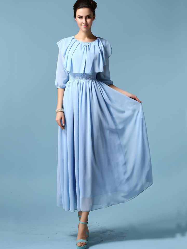 Romwe Pale Blue Round Neck Chiffon Pleated Dress