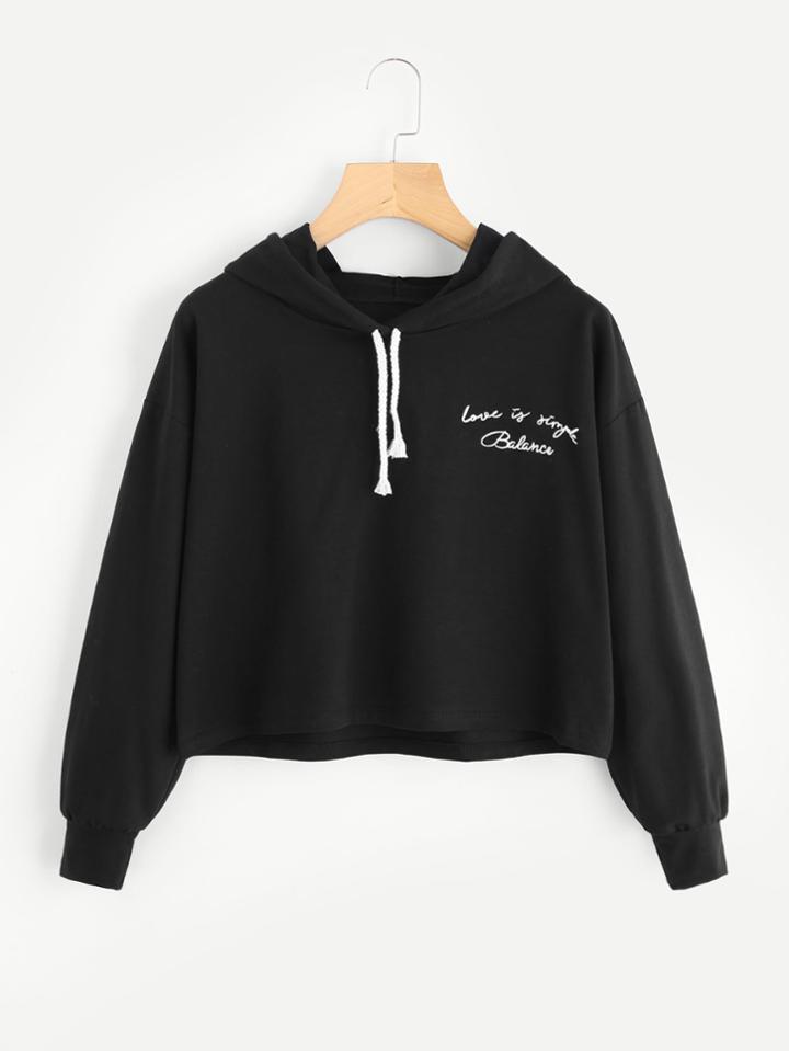 Romwe Slogan Embroidered Crop Hoodie