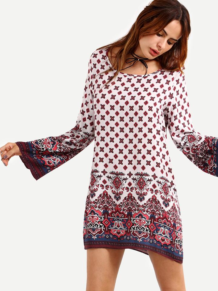 Romwe Paisley Print Bell Sleeve Dress - White