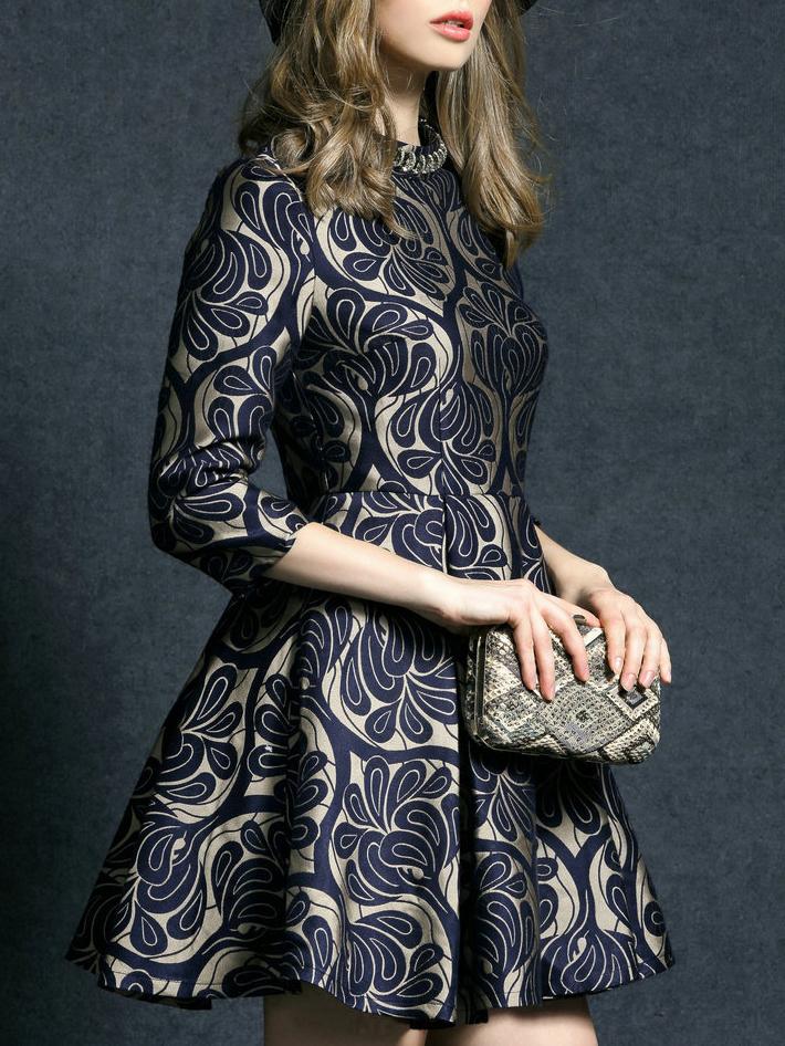 Romwe Navy Round Neck Length Sleeve Beading Jacquard Pockets Dress