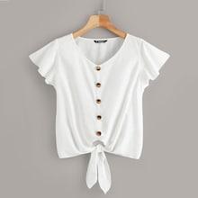 Romwe Button Detail Tie Front Ruffle Armhole Top