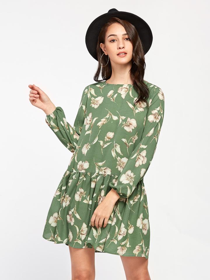 Romwe Allover Flower Print Lantern Sleeve Drop Waist Dress