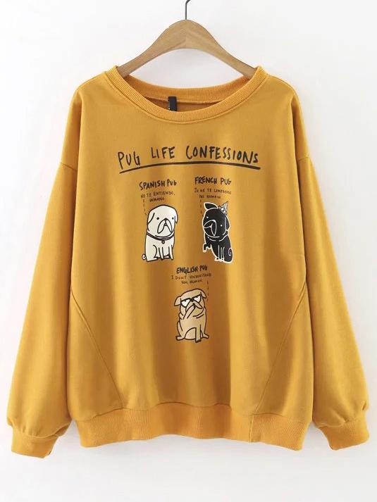 Romwe Yellow Dog Print Drop Shoulder Sweatshirt