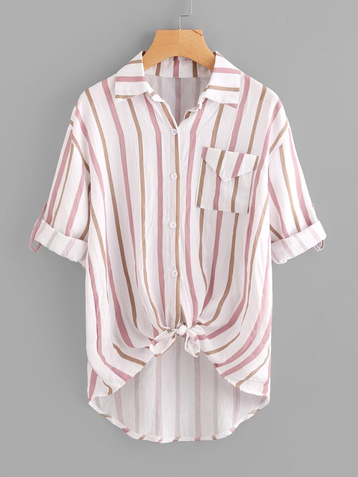 Romwe Drop Shoulder Rolled Sleeve Knotted Hem Striped Shirt