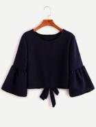 Romwe Navy Bell Sleeve Bow Tie Back Blouse