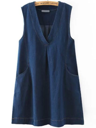 Romwe Deep V Neck Denim Tent Dress