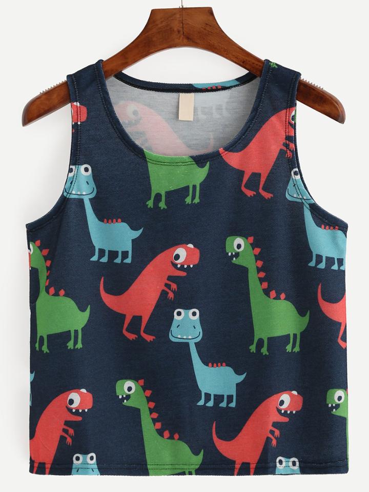 Romwe Navy Dinosaur Print Tank Top