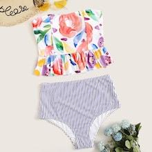 Romwe Random Watercolor Print Peplum Bandeau Tankinis Set
