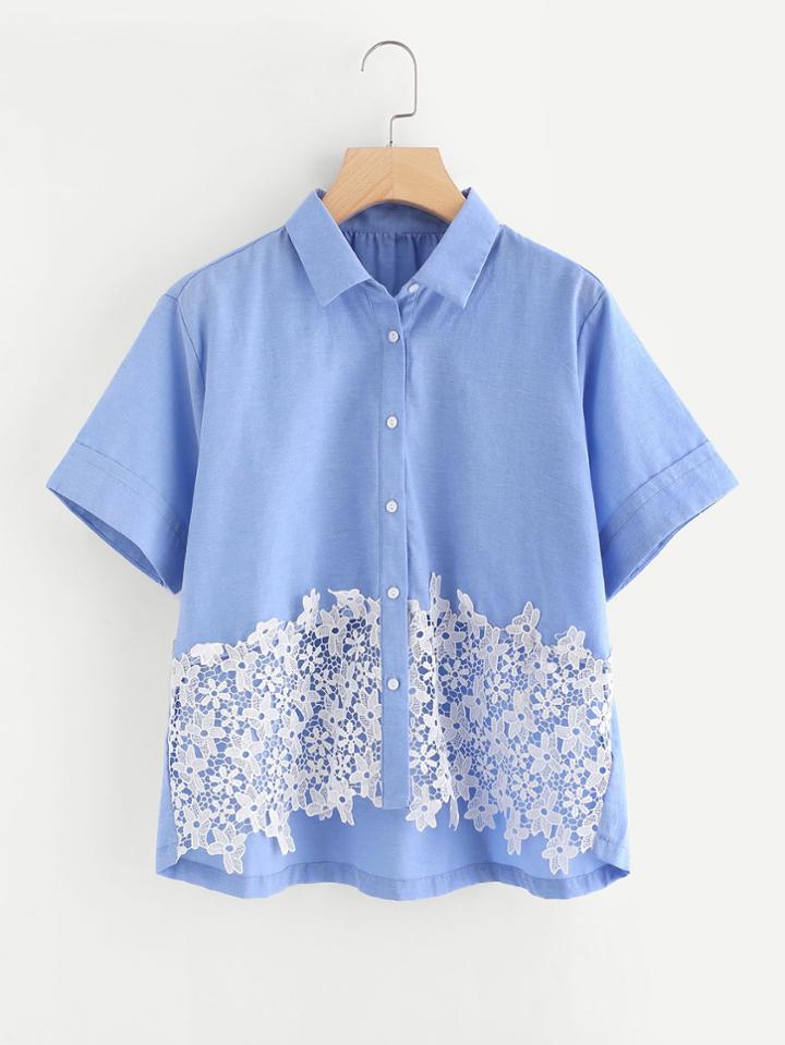 Romwe Contrast Floral Lace Embellished Blouse