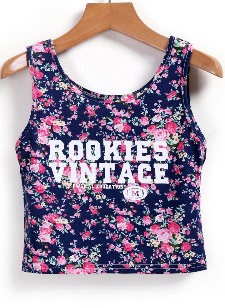 Romwe Letter Floral Print Crop Blue Vest