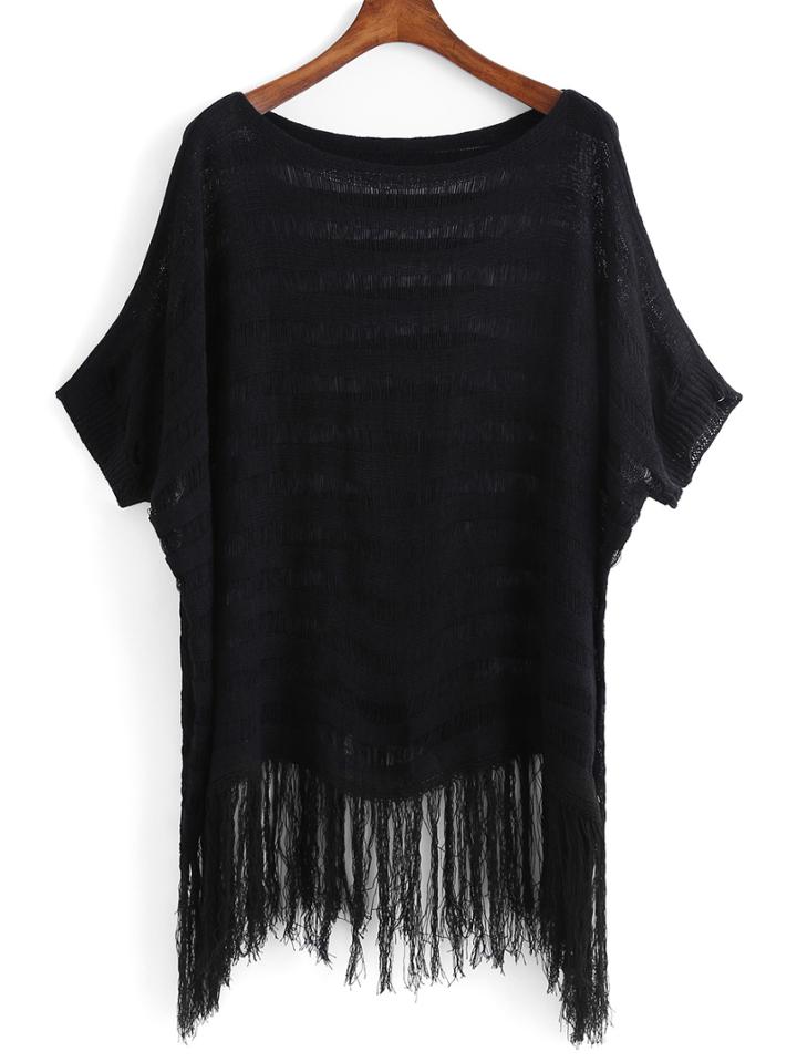 Romwe With Tassel Hollow Loose Sweater