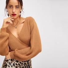 Romwe Surplice Neck Knot Crop Sweater