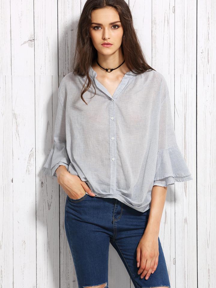 Romwe Blue Striped Stand Collar Bell Sleeve Blouse