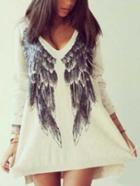 Romwe Deep Plunge Neck Wing Print Loose T-shirt