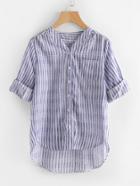 Romwe Rolled Sleeve Striped Dip Hem Shirt