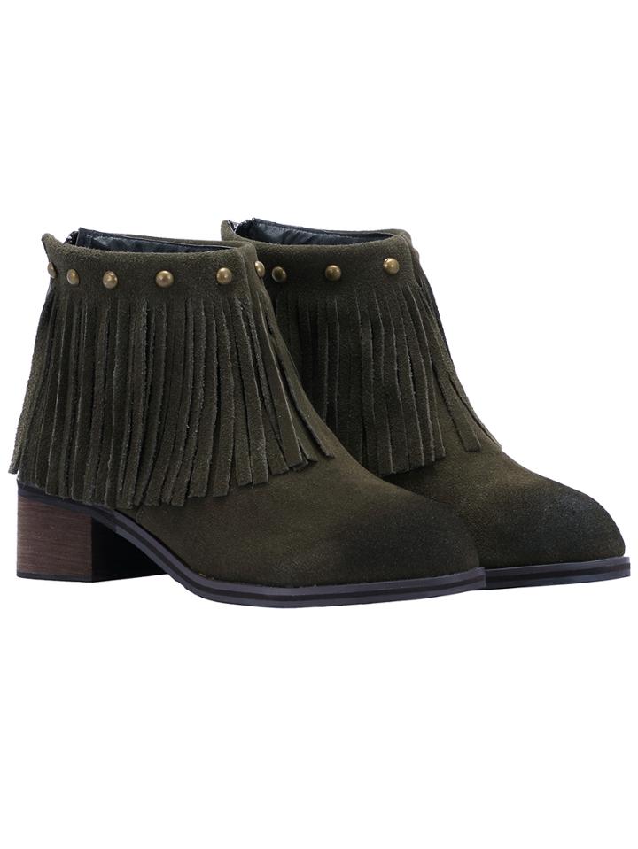 Romwe Green Brush Fringe Zipper Studs Pu Boots