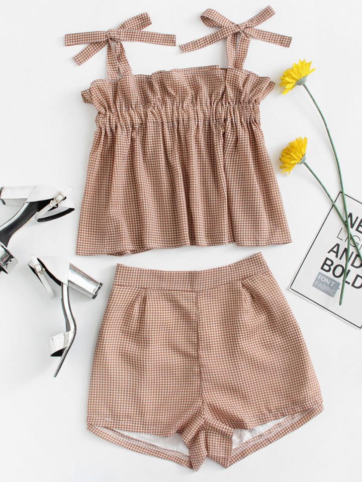 Romwe Ruffle Trim Checked Cami With Shorts