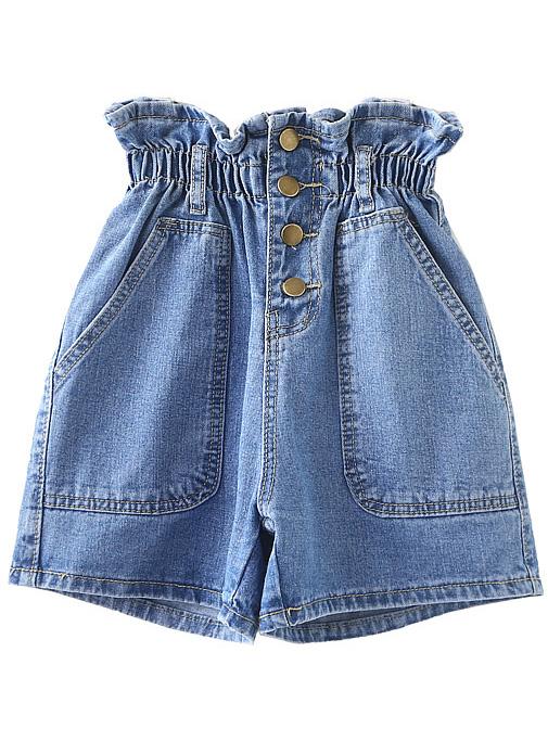 Romwe Light Blue Elastic Empire Waist Buttons Front Denim Shorts