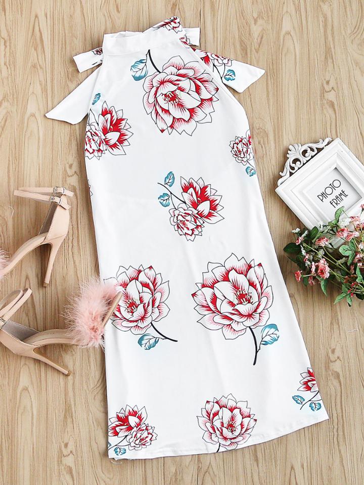 Romwe Halter Neck Floral Print Open Back Dress