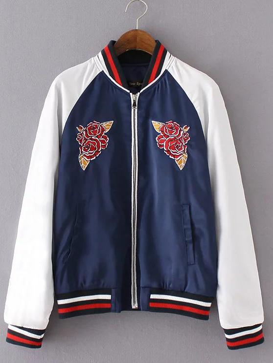 Romwe Dark Blue Embroidery Pockets Zipper Jacket