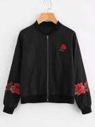 Romwe Embroidered Rose Patch Zip Up Jacket
