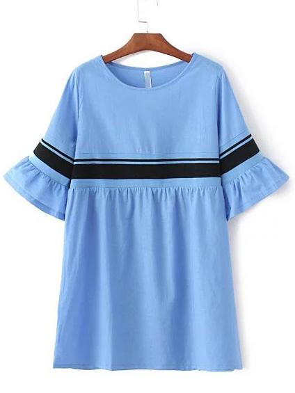Romwe Blue Ribbed Splicing Bell Sleeve Loose Dress