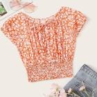 Romwe Ditsy Floral Tie Neck Shirred Blouse