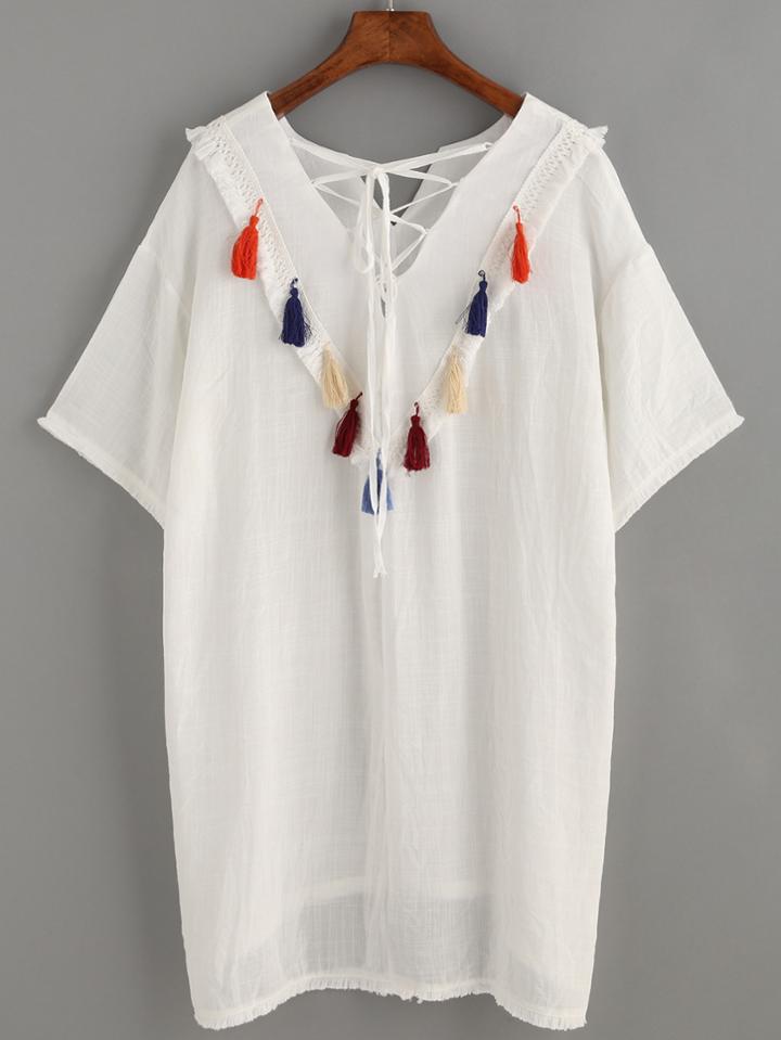 Romwe White Macrame Tassel Embellished Lace Up Dress