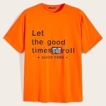 Romwe Guys Neon Orange Patched Letter Print Tee