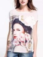Romwe Beauty Print Bead Chiffon Top