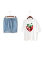 Romwe Sequin Strawberry Detail Tee With Denim Skirt