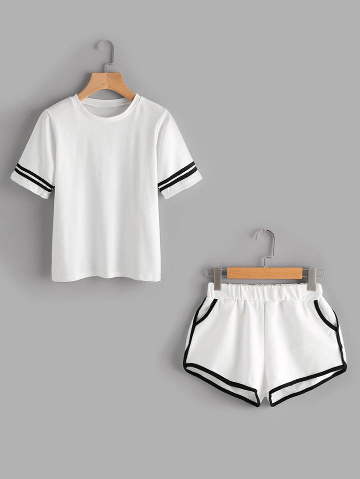 Romwe Stripe Sleeve Tee With Ringer Shorts