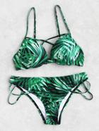 Romwe Jungle Print Cross Strap Bikini Set