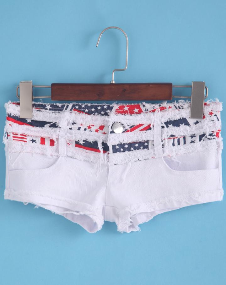 Romwe Flag Print Crop Denim Shorts