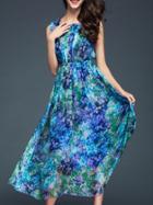 Romwe Multicolor Elastic-waist Lacing Print Dress