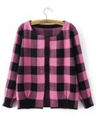 Romwe Hot Pink And Black Checkered Open Front Cardigan