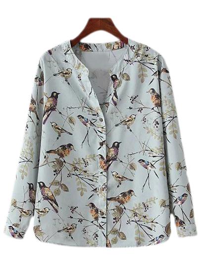 Romwe Multicolor V Neck Buttons Birds Print Blouse