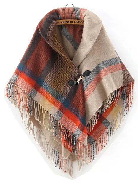 Romwe Lapel Plaid Fringe Khaki Cape Coat