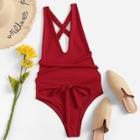 Romwe V-plunge Criss Cross Backless Tie Front One Piece Swimwear