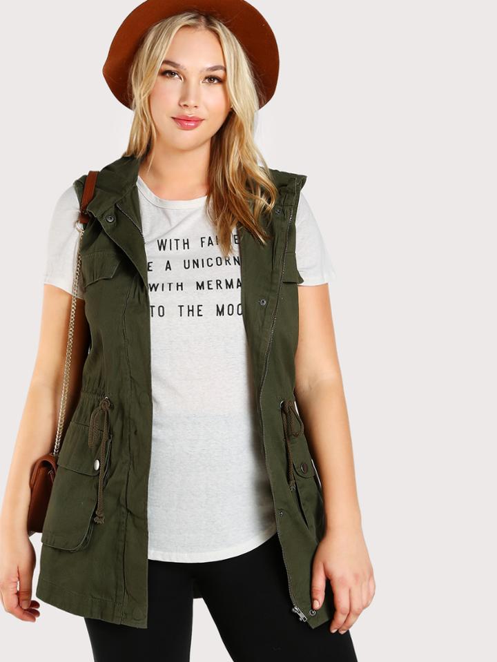Romwe Sleeveless Hooded Military Jacket