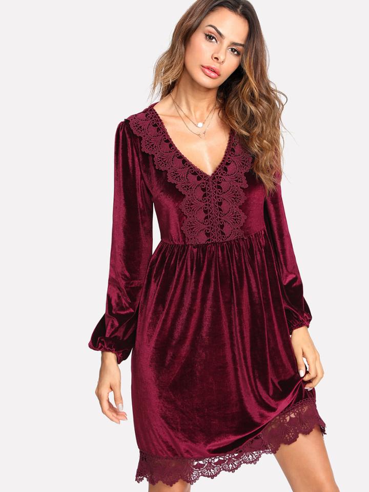 Romwe Bishop Sleeve Lace Applique Velvet Dress