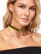 Romwe Green Velvet Layered Spike Choker Necklace